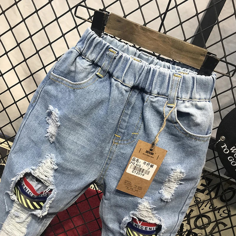 Boys Jeans Fashion Hole New Children Straight Cylinder Casual Jeans Spring Autumn Korean Style Elastic Waist Kids 3-8Ys Trousers Good Vibrations
