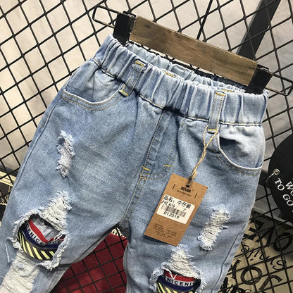Boys Jeans Fashion Hole New Children Straight Cylinder Casual Jeans Spring Autumn Korean Style Elastic Waist Kids 3-8Ys Trousers Good Vibrations