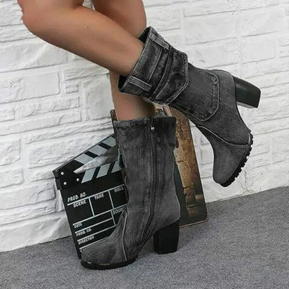 Cowboy Women's Boots 2024 Autumn and Winter New Pointed Denim Style Casual Temperament High Heels Single Shoes Zapatos De Mujer Good Vibrations