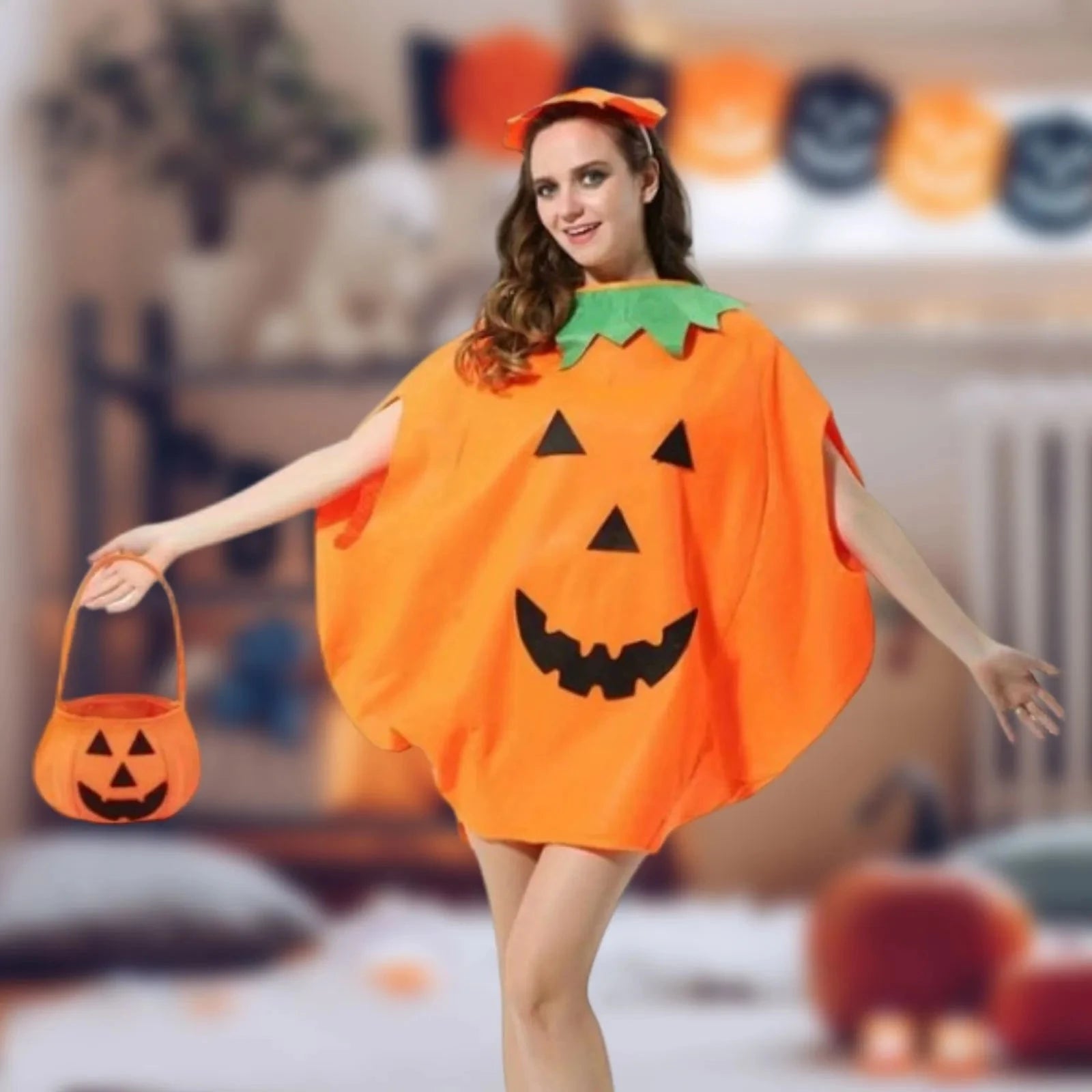Halloween Adult Pumpkin Costume Set - Pumpkin Clothes Headband Pumpkin Tote Bag Glasses and Long-leg Socks Party Supplies Good Vibrations