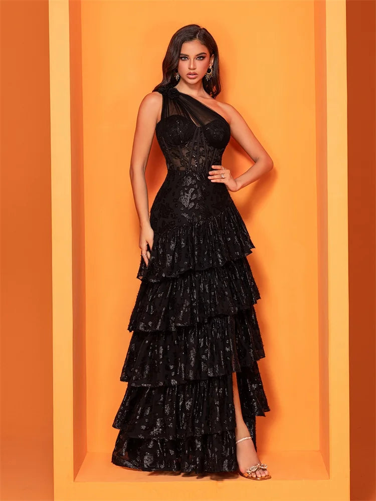 XUIBOL Luxury Skew-shouldered Cake Dress Luxury Tulle Sequin Formal Evening Dress New Elegant Mermaid Maxi Party Prom Good Vibrations