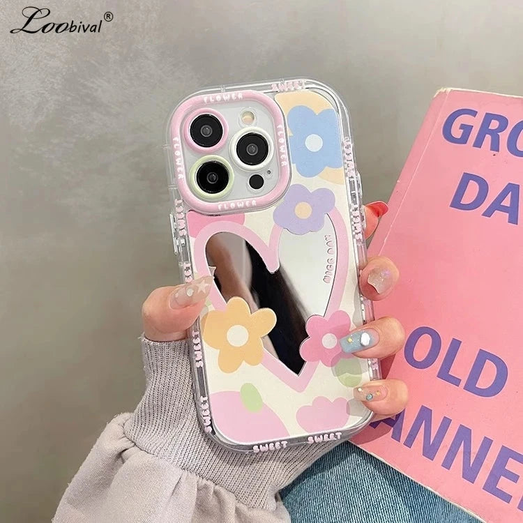 Cute Cartoon Flower Mirror Case for iPhone 15 14 13 Pro Max 12 11 15Pro Love Heart Colorful Make Up Ins Korean Shockproof Cover Good Vibrations