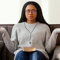 1Pc Handmade Knotted rosary with Cross Charm - Red rope rosary- necklace cord, Black thread rosary, Blue Handmade Rosary, Lightw Good Vibrations