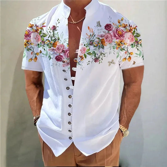 Men Shirts New Print Button Shirt Fashion Stand Collar Loose Fitting Men's Shirts Casual Streetwear Comfortable Good Vibrations