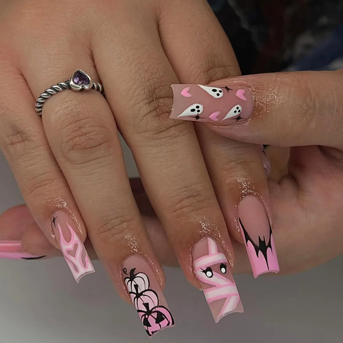 24pcs Gradient Pink French Style Press On Nails Cute Bandage Ghost Pumpkin Printed Halloween Fake Nails Medium Coffin False Nail Good Vibrations
