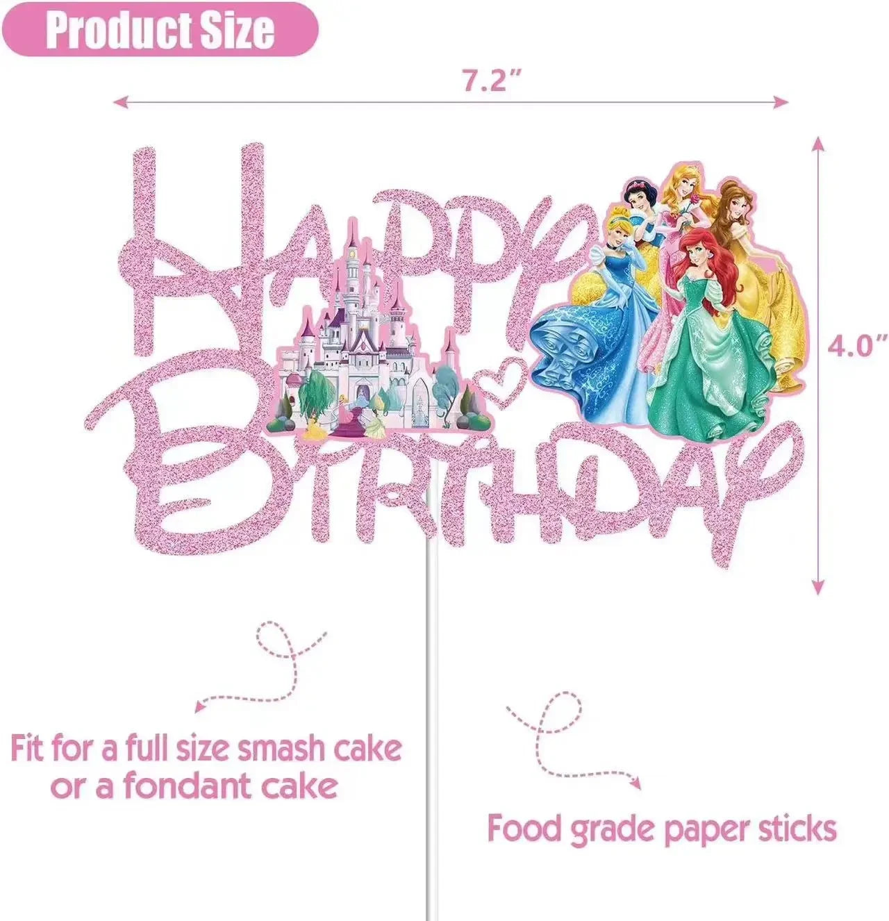 Princess Cake Toppers for Girls Birthday Cake Decoration Cinderella Mermaid Rapunzel Cake Toppers Pink Glitter Cake Flag Good Vibrations