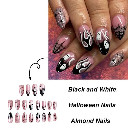 24Pcs Almond Halloween Press on Nails Full Cover French Fake Nails Cartoon Bat Spider Pattern Wearable Nails Art  Manicure Tips Good Vibrations