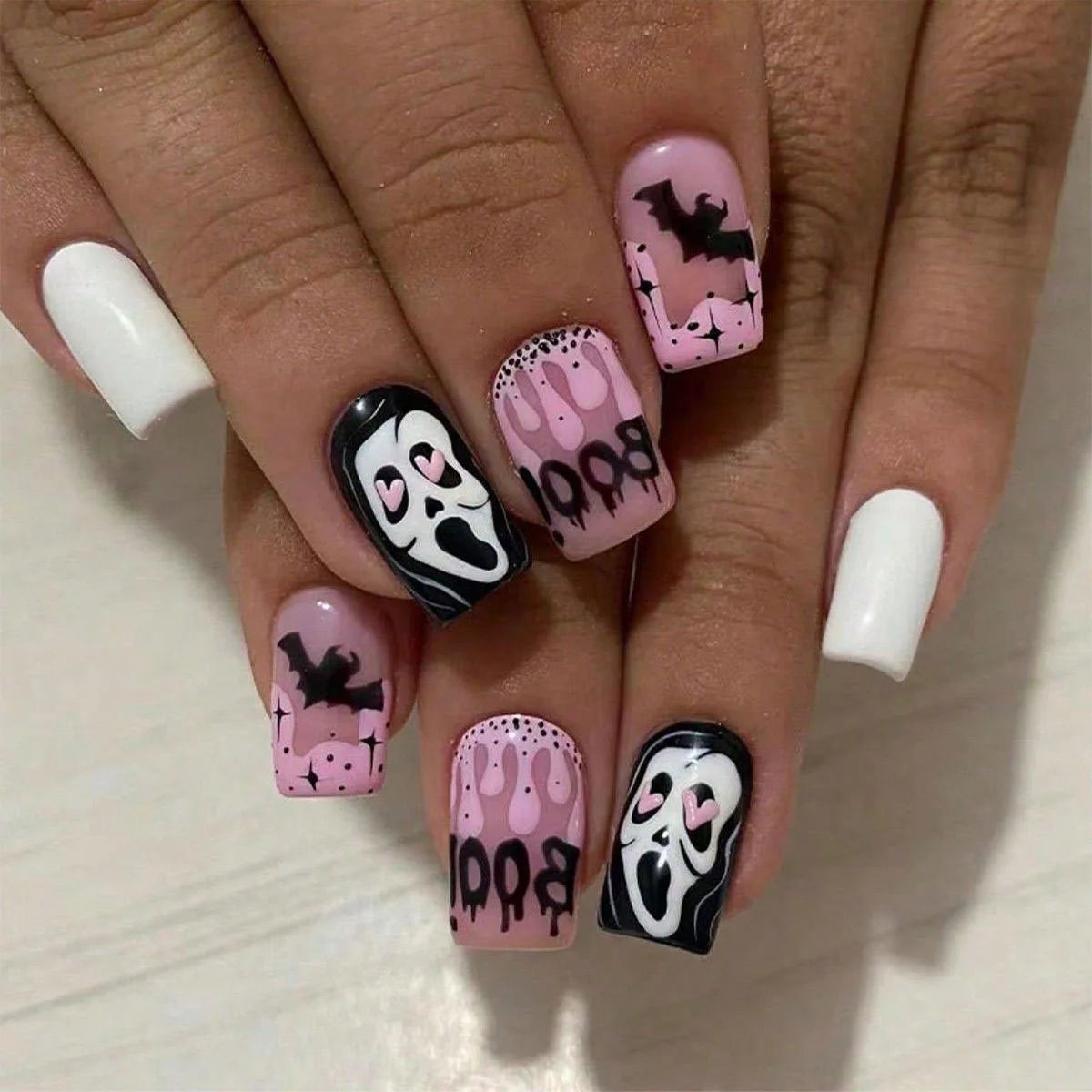 24Pcs Halloween False Nails Ghosts Bats Fake Nails Short Square Press on Nails Full Cover Nail Tips Manicure Tools Good Vibrations