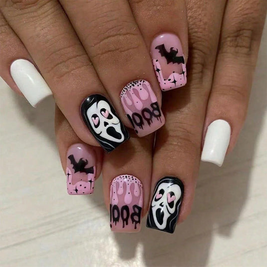 24Pcs Halloween False Nails Ghosts Bats Fake Nails Short Square Press on Nails Full Cover Nail Tips Manicure Tools Good Vibrations