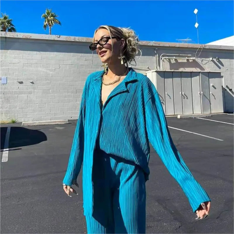New Two Piece Set Women Outfits Pleated Women's Elegant  Drape Loose Sets Shirt High Waist Trousers Female Suit Fashion Casual Good Vibrations