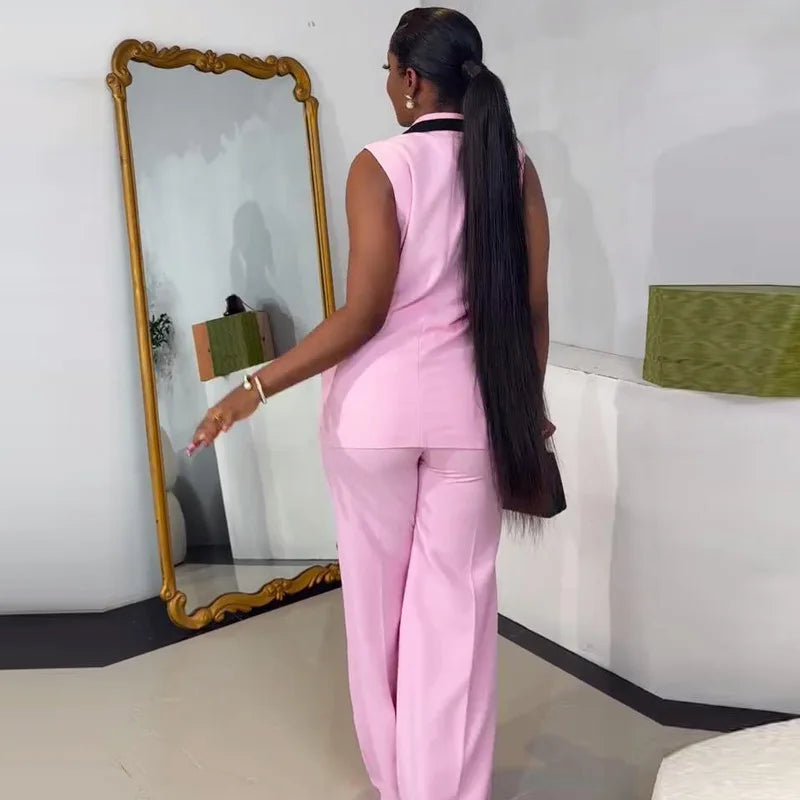 Pants Set Women Two Piece Sets Matching Sets Work Elegant Double Breasted Tops Vest Wide Leg Long Pants High Waist Y2k Pink Good Vibrations