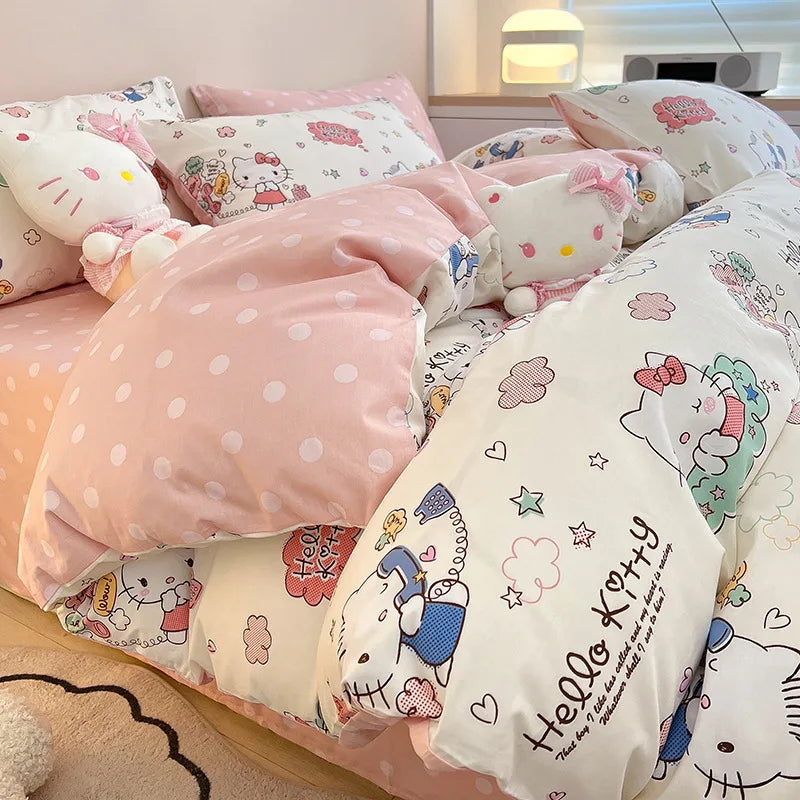 Sanrio 100% Cotton Bedding Set Cute Hello Kitty Kuromi Melody King Queen Pillowcase Bed Linens Girl Dorm Bedclothes Home Textile Good Vibrations