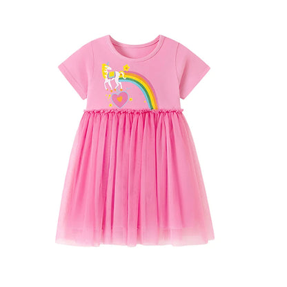 Little maven 2026 Summer Kids Clothes Baby Girls New Cartoon Rainbow Children's Clothing Birthday Mesh Dresses 2-7 Years Good Vibrations