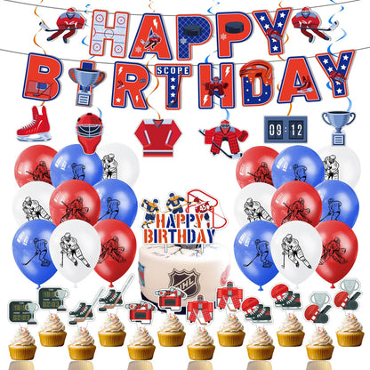 Hockey Themed Birthday Party Decorations Balloons Set Happy Birthday Banner Cake Topper Sports Theme ice hockey Party Supplies Good Vibrations