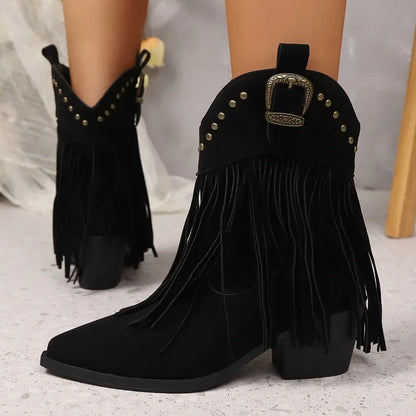 Short-thigh Boots Autumn New Pointed Toe Sleeve Metal Buckle Non-slip Wear-resistant Block Heel Shoes Good Vibrations