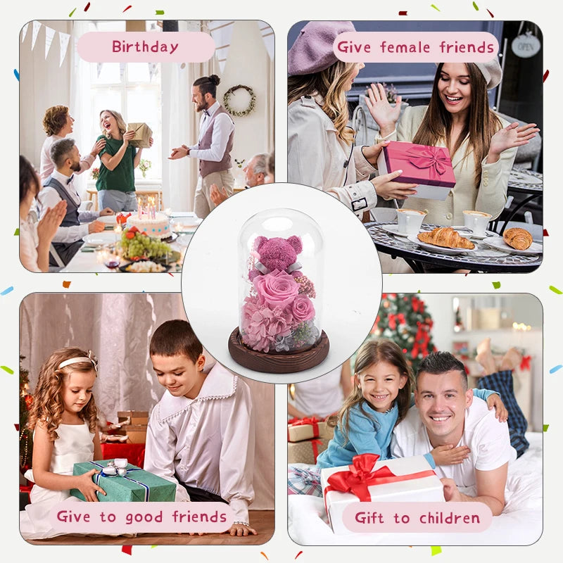 Valentine's Day Gift for Girlfriend Eternal Preserved Rose Flower Gift Box Teddy Bear Eternal Flower with Lights Gift for Women Good Vibrations