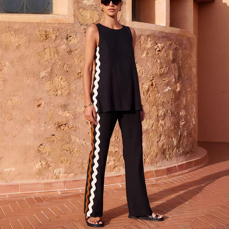 Summer Women Two Piece Set O Neck Sleeveless Printed Vest Shirt Loose Pants Suit Female Matching Sets Good Vibrations