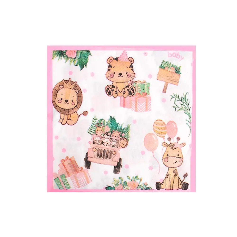 Pink Jungle Safari Birthday Decorations Animal Disposable Tableware Forest Woodland Baby Shower for Girl Birthday Party Supplies Good Vibrations