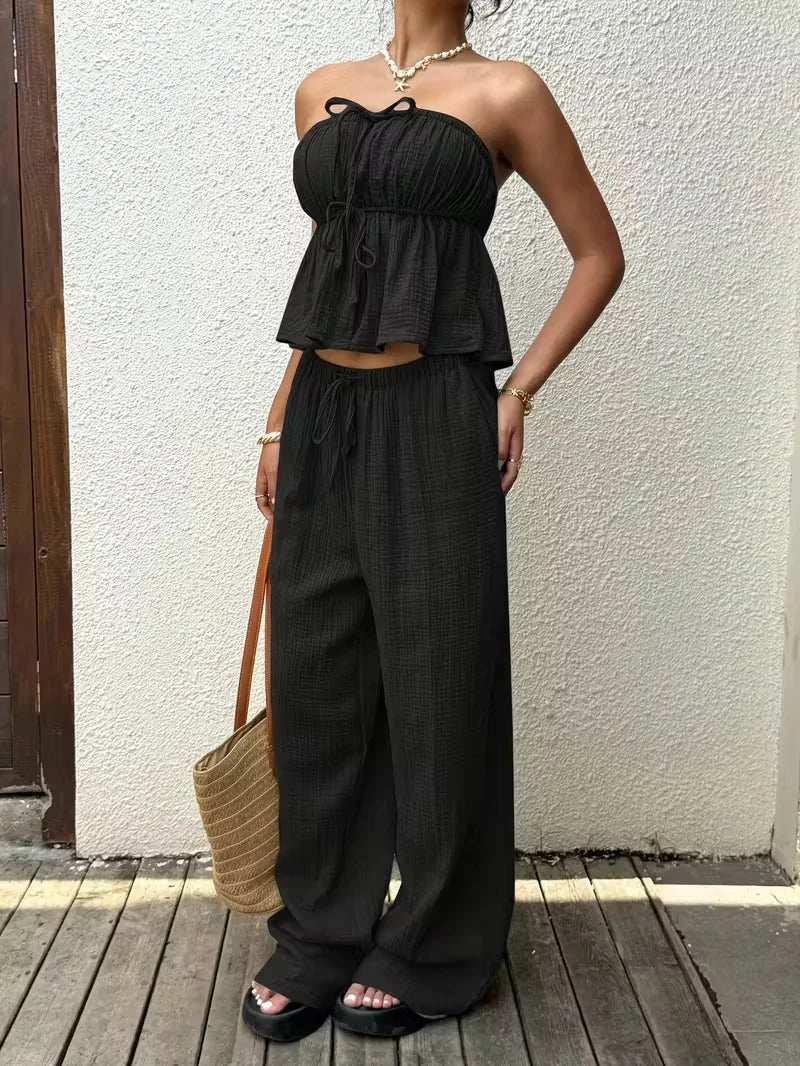 2 Piece Sets Woman Outfits, New Women's Casual Two-Piece Lace Up Top and Pants Good Vibrations