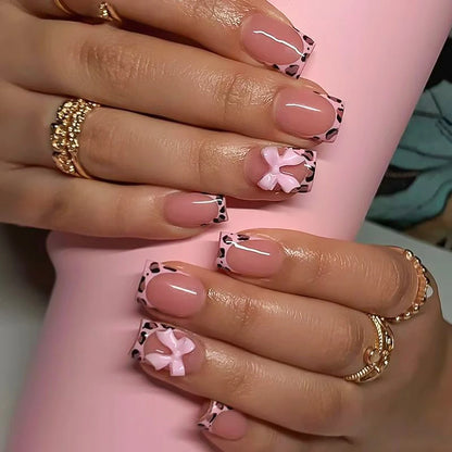 24Pcs Pink Leopard Print French Tips False Nails Short Square Head 3D Black Bowknot Fake Nails Acrylic Full Cover Press on Nails Good Vibrations