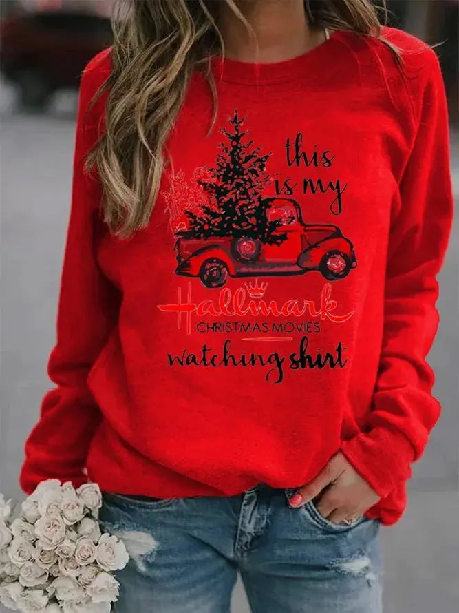 Christmas Tree Car Printed Long Sleeve Collar Loose Round Neck Hoodie Winter Autumn Graphic T Shirts  Women Clothing Good Vibrations