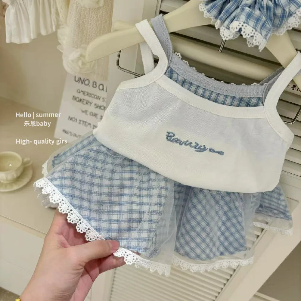 Girls Set Summer Outfit Sweet Bow Letter Suspender Blue Checkered Lace Skirt Two Piece Set 2025 New Children Clothing Good Vibrations