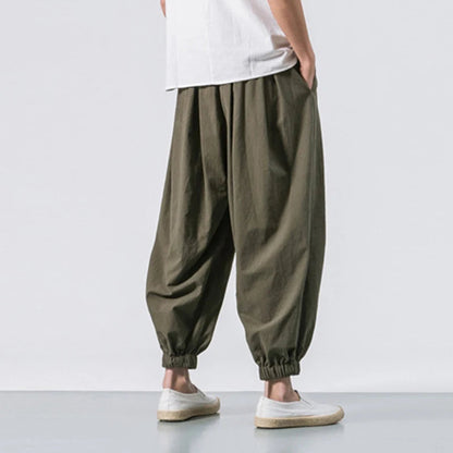 Cotton Linen Harem Pants Men Solid Elastic Waist Streetwear Joggers 2023 New Baggy Drop-crotch Pants Casual Trousers Men Good Vibrations