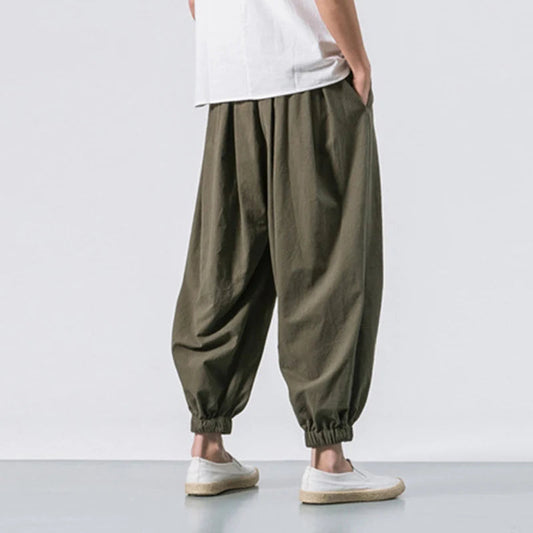 Cotton Linen Harem Pants Men Solid Elastic Waist Streetwear Joggers 2023 New Baggy Drop-crotch Pants Casual Trousers Men Good Vibrations