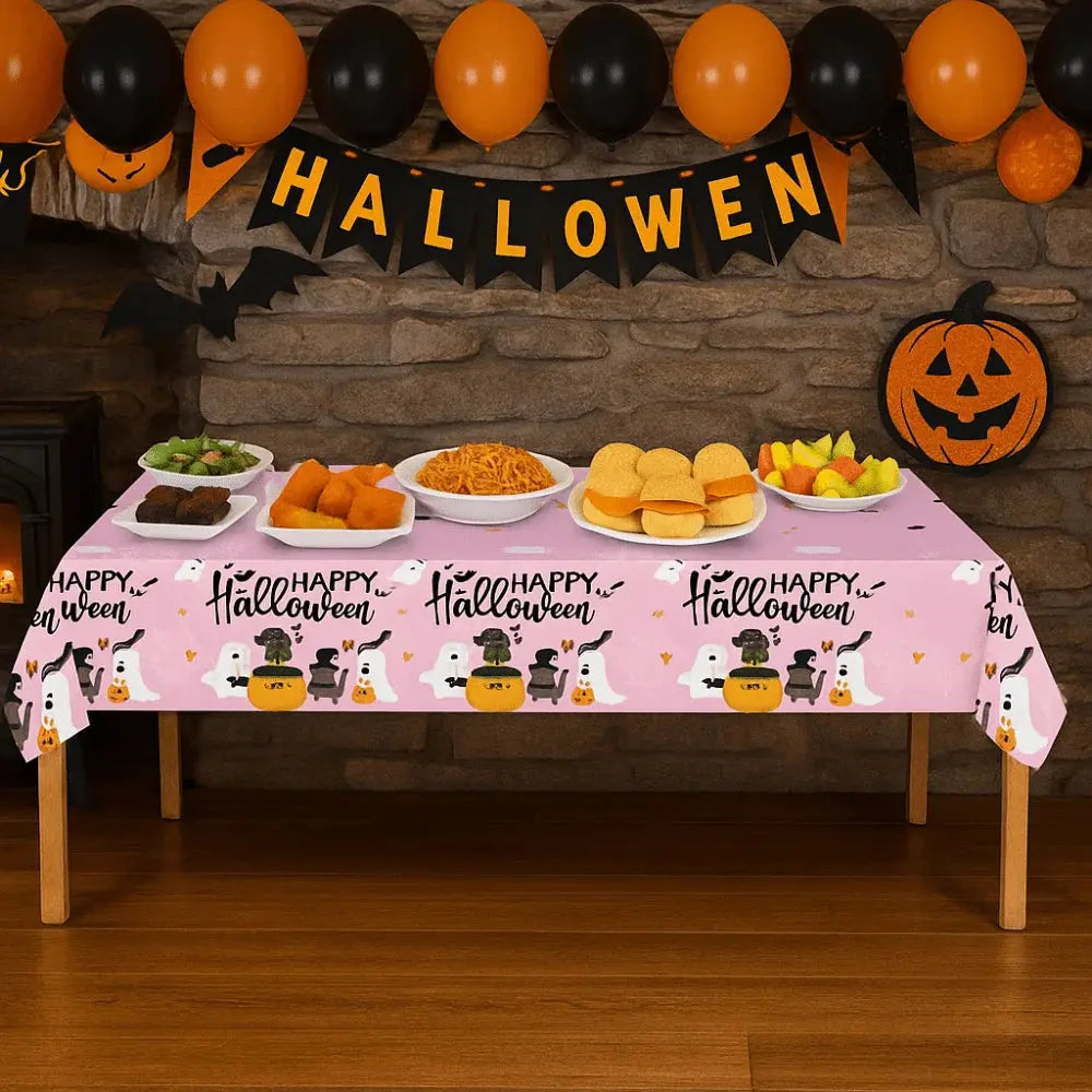 Pumpkin Ghost Pattern Halloween Tablecloth Halloween Theme Plastic Disposable Table Cover Pink Table Runner Table Decoration Good Vibrations