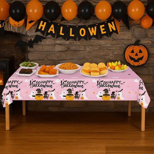 Pumpkin Ghost Pattern Halloween Tablecloth Halloween Theme Plastic Disposable Table Cover Pink Table Runner Table Decoration Good Vibrations