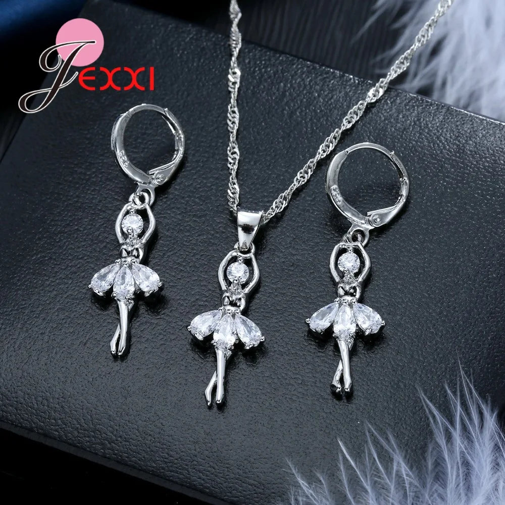 Charm 925 Sterling Silver Necklace Earrings Chain Jewelry Sets for Women Gorgeous Crystal Dacing Girls Wedding Party Accessory Good Vibrations