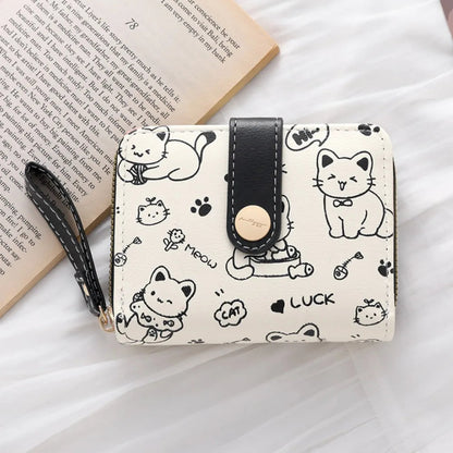 Cute Cat Coin Purse Women Fashion Short Wallet PU Leather Large Capacity Wallet Lightweight ID Card Holder Travel Cash Coin Bag Good Vibrations