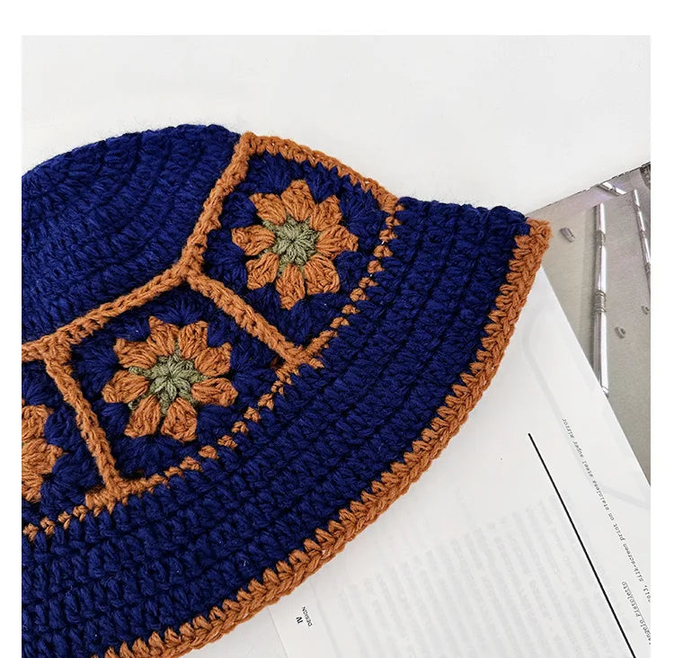 2024 Spring New Crochet Hat Korean Handmade Bucket Hat Women's Weaving Knitted Hat Y2k Fashion Flowers Autumn Winter Ins Beanies Good Vibrations