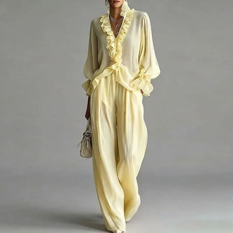 White Casual 2 Piece Outfit for Woman Sexy Ruffle V Neck Long Sleeve Blouse Wide Leg Pants Set Spring Summer Bohemian Suit Mujer Good Vibrations