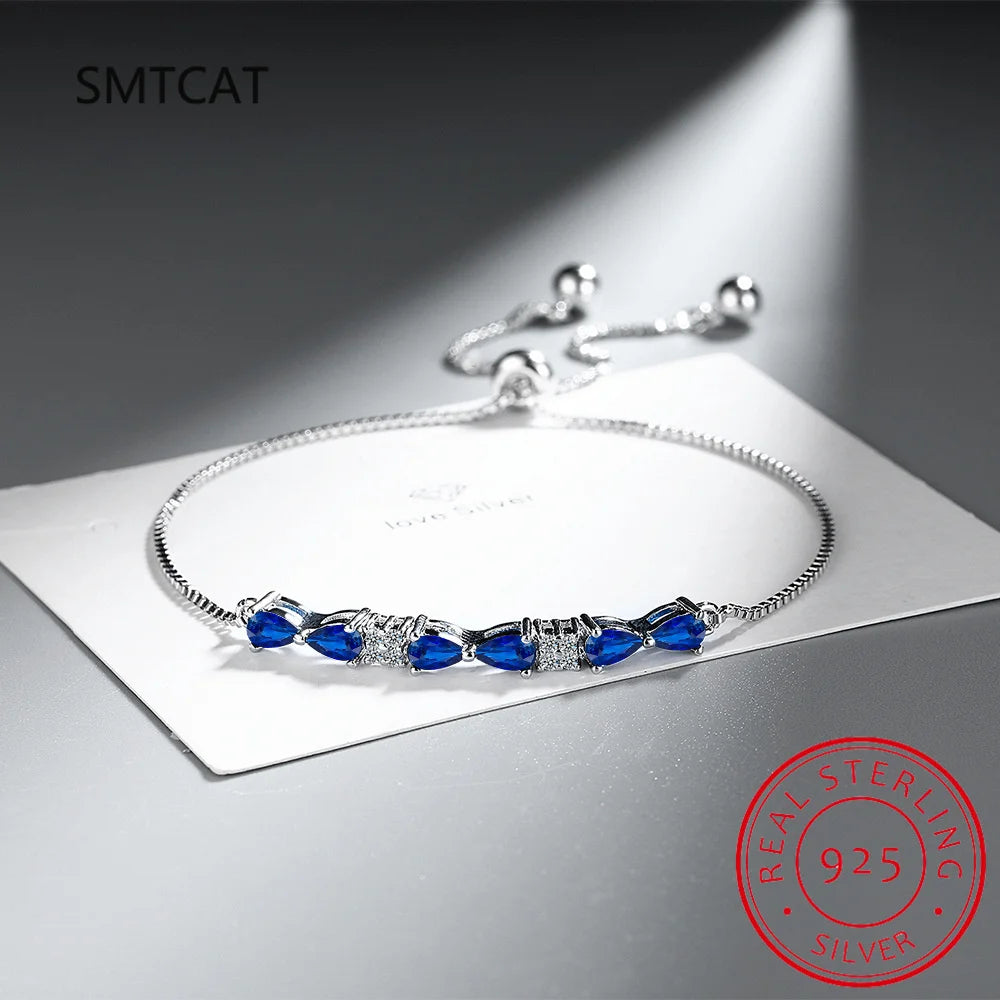 Pear Cut Blue Sapphire 925 Sterling Silver Bowknot Bracelet Adjustable for Women Statement Gemstone Jewelry Pulseiras De Prata Good Vibrations