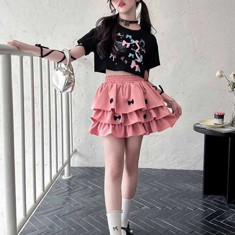 Outfits Y2K Bow Children Cake Skirt Set Pleated Teenagers T-shirt Skirt Suit Sweet Slim Fit Girls Clothes Set Summer Good Vibrations
