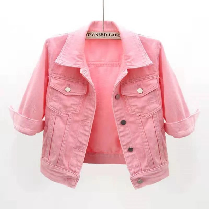 2024 New Women Spring Autumn Denim Jacket Tops Pink Color Solid Short Multicolor Feminino Three Quarter Sleeve Jean Jacket Good Vibrations