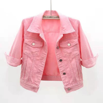 2024 New Women Spring Autumn Denim Jacket Tops Pink Color Solid Short Multicolor Feminino Three Quarter Sleeve Jean Jacket Good Vibrations