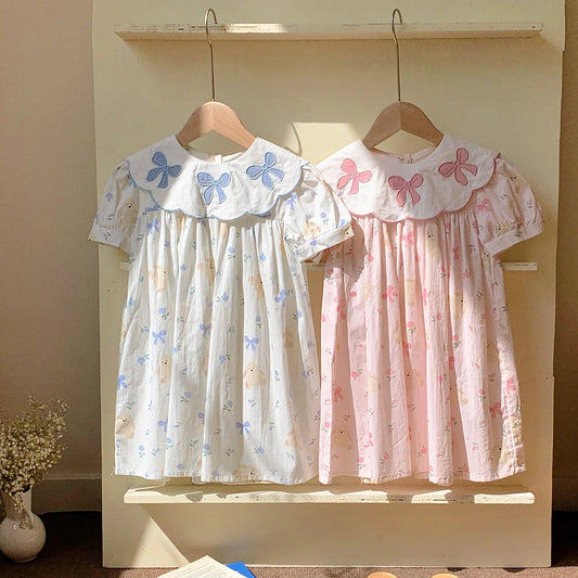 Girls Dress Children's Clothing Bow Embroidered Flower Collar Girls' Dress Summer Cartoon Printed Short Sleeved Princess Dress Good Vibrations