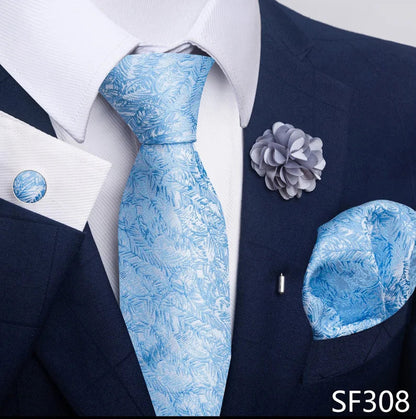 Luxury Mens Ties Floral Black Gold Ties Paisley NeckTie Pocket Square Cufflinks Brooch Set Men's Wedding Party Tie Good Vibrations