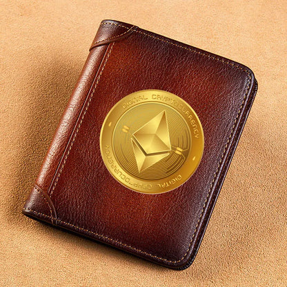 High Quality Genuine Leather Men Wallets Golden Bitcoin Sign Printing Short Card Holder Purse Billfold Men's Wallet BK1003 Good Vibrations