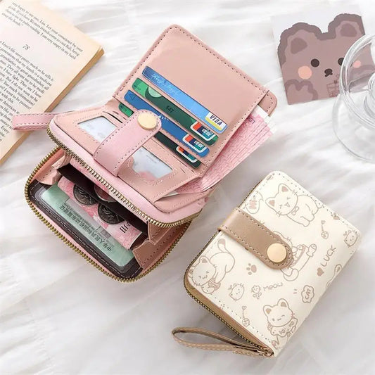 Cute Cat PU Leather Coin Purse Women Fashion Short Wallet Folding Zipper Wallet ID Card Holder Travel Lightweight Cash Coin Bags Good Vibrations