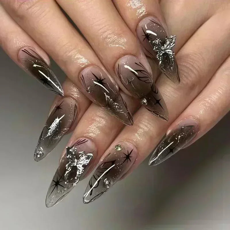 24Pcs False Nails Spicy Girl Silver Bow with Diamond Fake Nails with Glue Almond Press on Nails Black Cool Y2k Almond Nail Set Good Vibrations