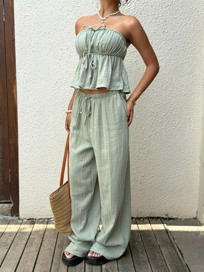 2 Piece Sets Woman Outfits, New Women's Casual Two-Piece Lace Up Top and Pants Good Vibrations