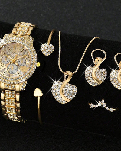 Women's Quartz Watch Gold Luxury Women Ring Necklace Earring Rhinestone Fashion Wristwatch Casual Ladies Watches Jewelry Set ﻿ Good Vibrations