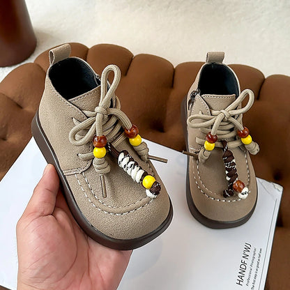 High Top Casual Shoes for Girls 2025 New Autumn Toddler Walking Shoes with Cute Ornament Soft Sole Simple Retro Kid School Flats Good Vibrations