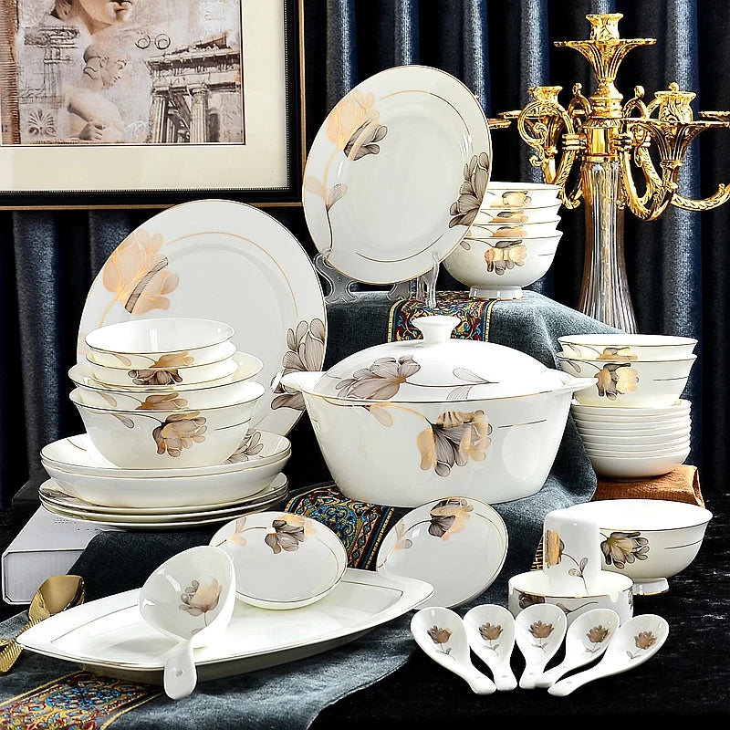 46pcs set, find bone china dinnerware set, gold leaf design, pocelain korean kitchen, christmas plate set, gold dinner plate set Good Vibrations