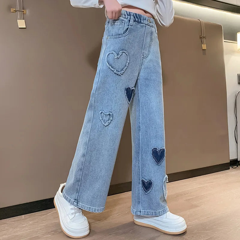 2025 Spring Autumn Girls Love Rough Edges Jean Korean Version Style Kids Middle Waist Cowboy Pants Elastic Waist Long Pants Good Vibrations