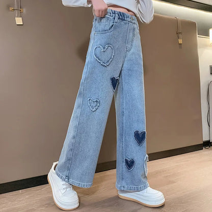 2025 Spring Autumn Girls Love Rough Edges Jean Korean Version Style Kids Middle Waist Cowboy Pants Elastic Waist Long Pants Good Vibrations
