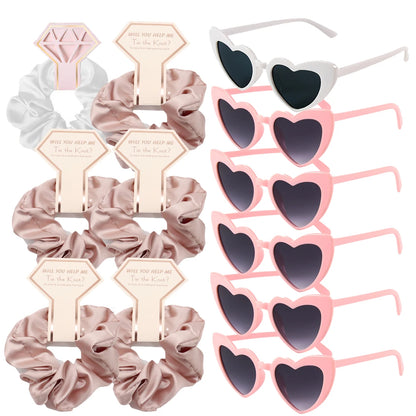 12/6pcs Wedding Bridesmaid Gifts Bridesmaid Hair Ties Scrunchies Heart Shaped Sunglasses Bachelorette Hen Party Bridal Favors Good Vibrations
